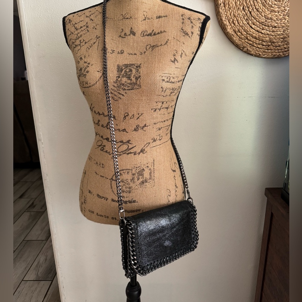 Borse in Pelle Black Leather Chain Trim Detail Handle Purse Handbag Shoulder Bag